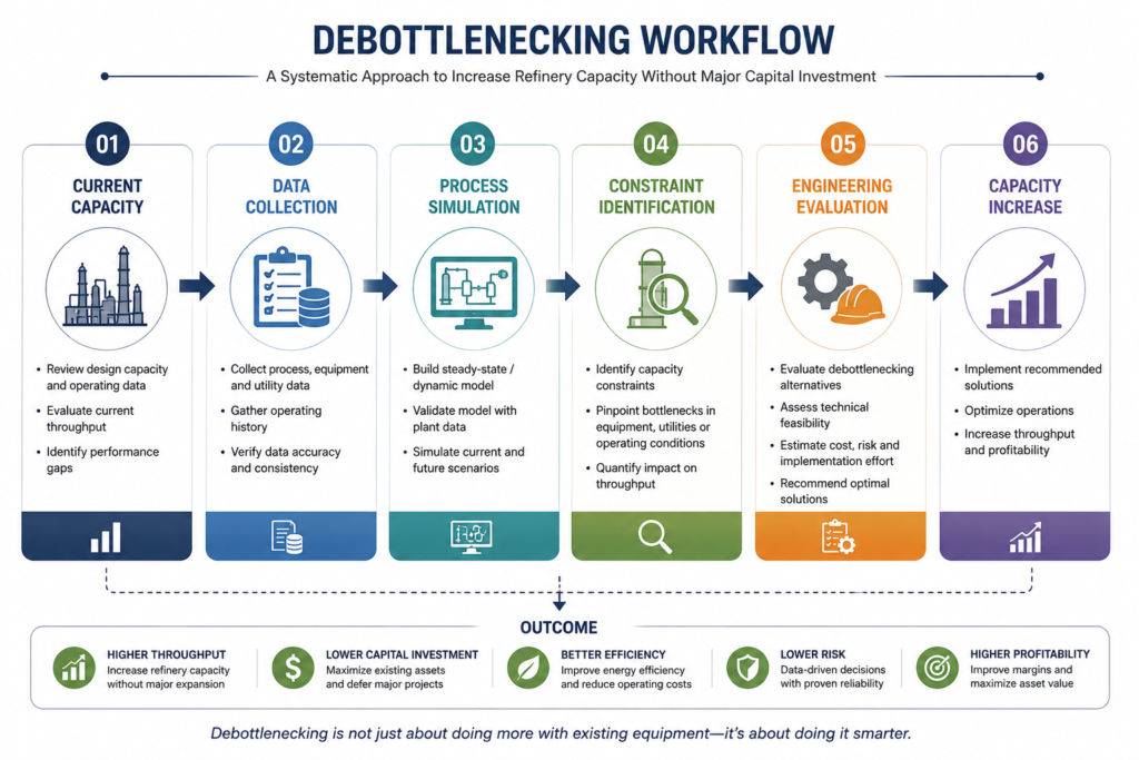 Refinery debottlenecking workflow showing current capacity assessment, data collection, process simulation, constraint identification, engineering evaluation, and capacity increase