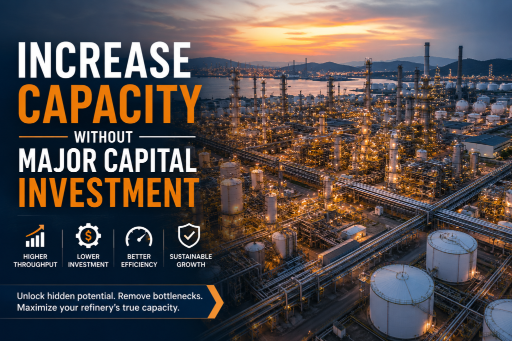 Modern oil refinery illustrating capacity expansion through debottlenecking without major capital investment