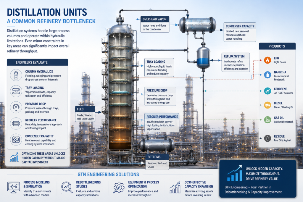 Engineering workflow for refinery debottlenecking studies including data analysis, process modeling, bottleneck evaluation, and throughput improvement.