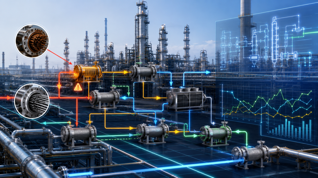 Refinery heat exchanger network optimization study illustrating energy recovery, thermal integration, and debottlenecking opportunities for increased plant efficiency