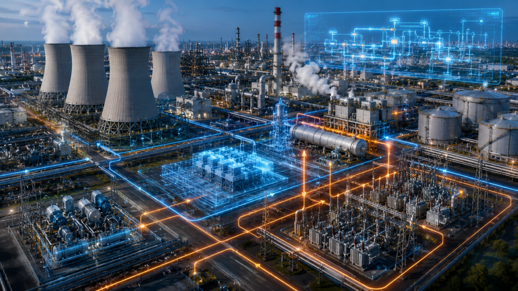 Refinery utility system optimization study showing cooling towers, steam generation, electrical distribution, and utility networks supporting capacity expansion and energy efficiency improvements