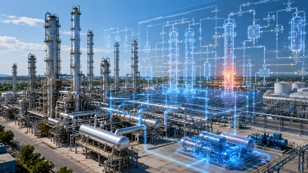 Refinery process simulation and digital twin model used to evaluate bottlenecks, predict equipment performance, and support capacity expansion studies.