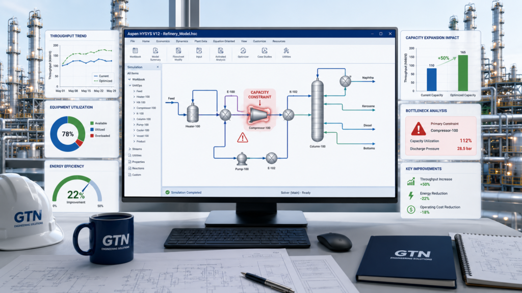 Aspen HYSYS process simulation model used for refinery process optimization and debottlenecking studies
