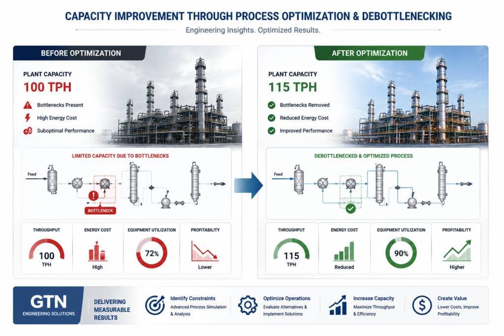 Before and after comparison showing refinery capacity increase, reduced energy costs, and bottleneck removal through process optimization and debottlenecking