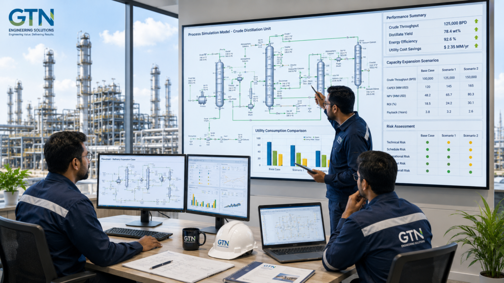 Engineers using process simulation software to evaluate plant expansion and revamp project risks
