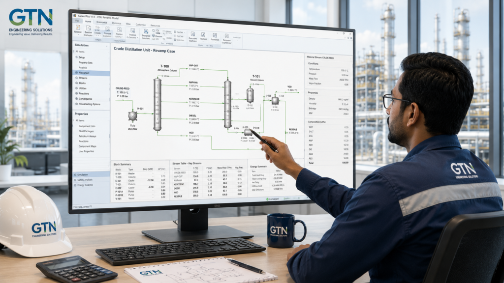 Refinery process flow diagram analyzed using engineering simulation software for plant expansion and revamp projects
