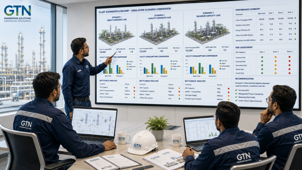 Engineers comparing process simulation scenarios for plant expansion and revamp project planning