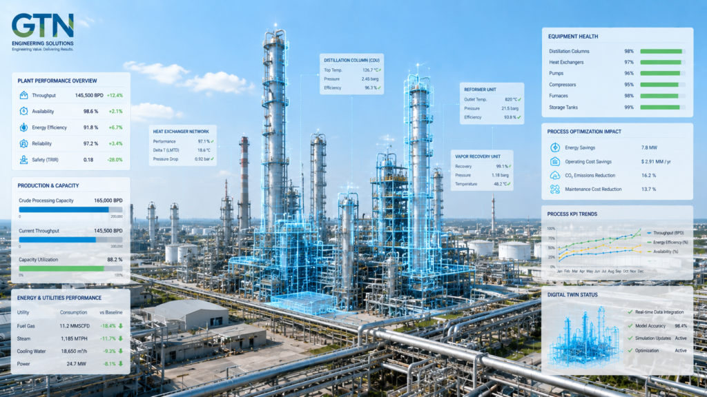 Modern refinery facility showing improved efficiency and optimized performance through process simulation studies
