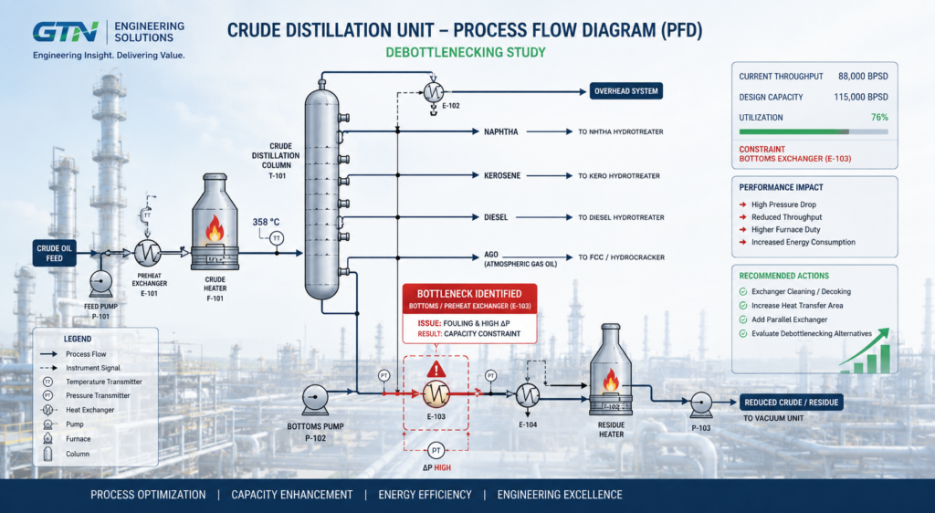 Refinery process flow diagram highlighting a bottleneck point identified during process simulation and debottlenecking studies