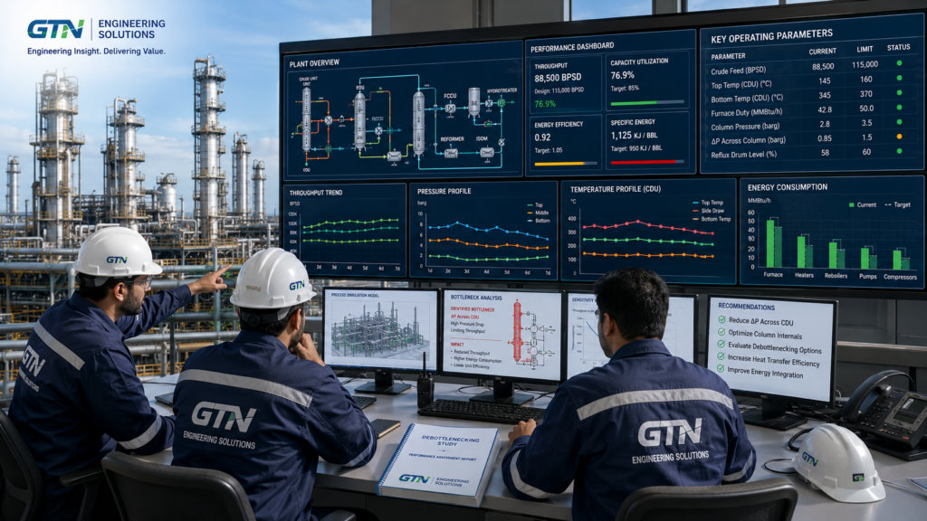 Engineers conducting refinery performance assessment using process simulation and bottleneck analysis techniques
