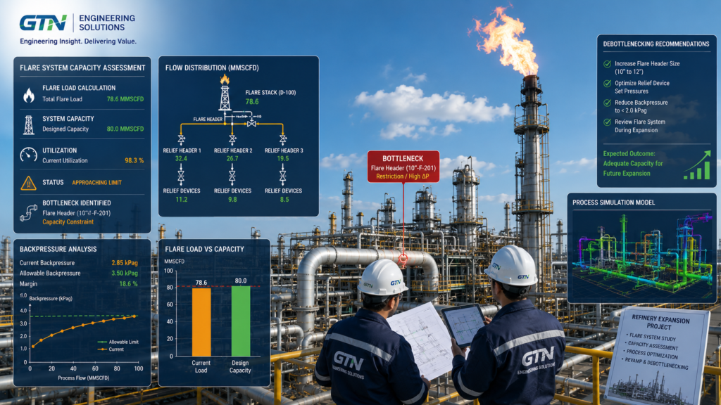 Engineers evaluating refinery flare system capacity during debottlenecking and plant expansion studies
