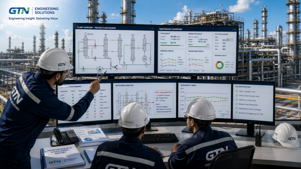 Engineers conducting refinery performance assessment using operational data and process simulation to identify bottlenecks
