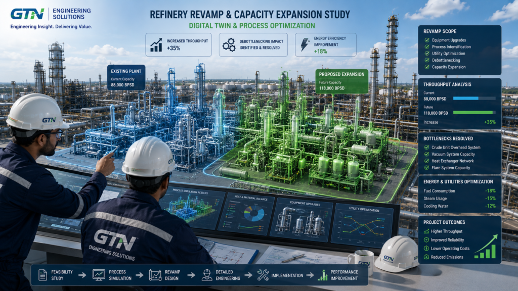 3D refinery model showing revamp modifications for capacity expansion and process optimization studies