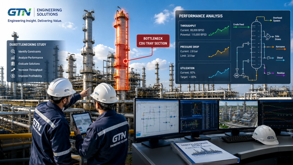 Engineers analyzing refinery bottlenecks using process simulation and debottlenecking studies to improve refinery capacity and efficiency