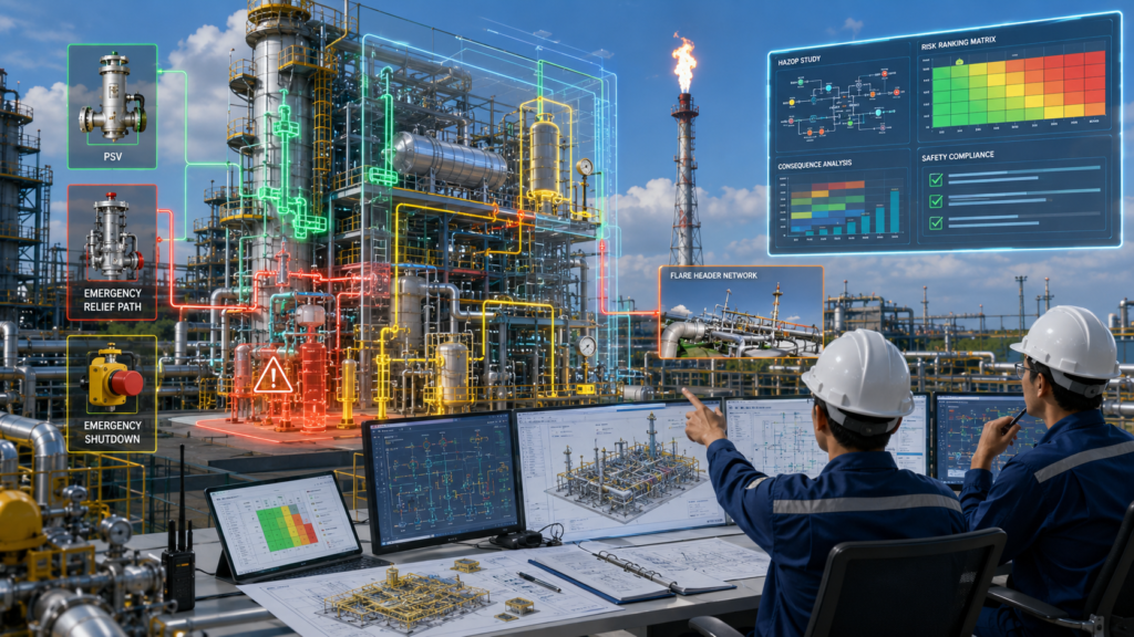 Process safety studies including HAZOP, PSV sizing, flare system analysis, and risk assessment for refinery capacity expansion