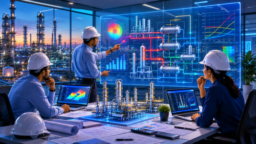 Engineers performing Pinch Analysis and Heat Integration study to improve refinery energy efficiency