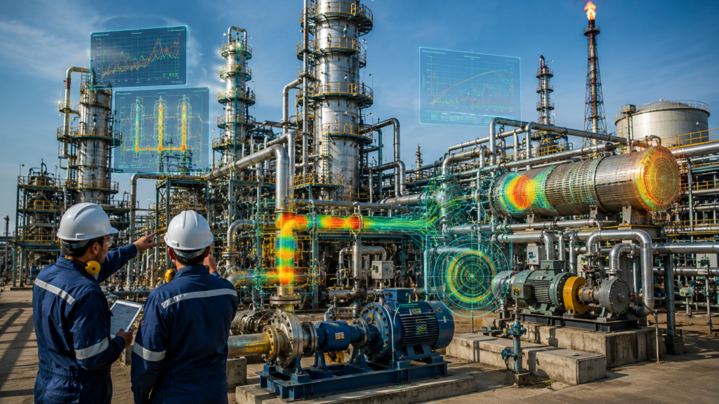 Industrial process equipment under investigation during a chemical plant troubleshooting study