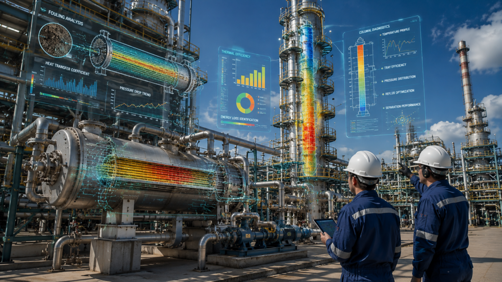 Heat exchanger and distillation column performance evaluation during chemical plant troubleshooting