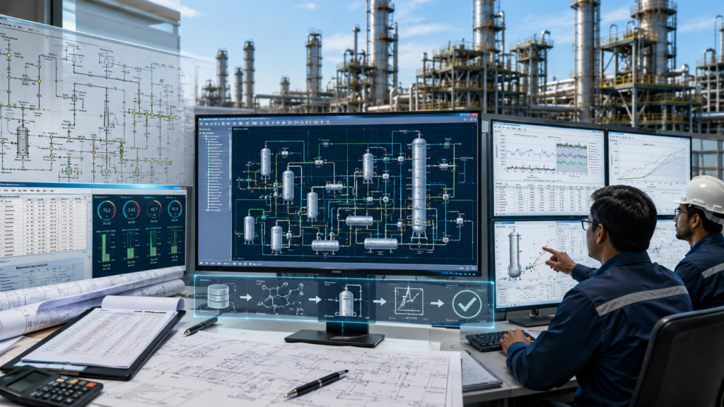 Engineers developing and validating a process simulation model using refinery plant data and performance analysis