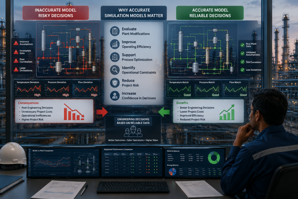 Engineers comparing validated and inaccurate process simulation models using refinery operating data
