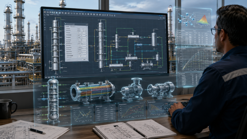 Engineers creating equipment models for distillation columns, heat exchangers, pumps, and compressors in a process simulation model