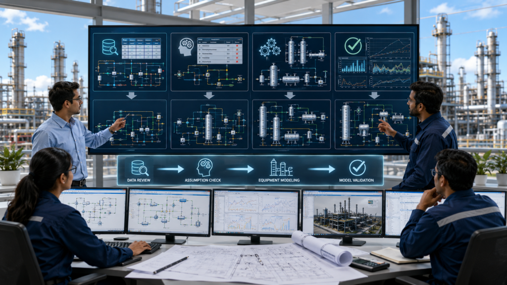 Engineers reviewing and correcting common process simulation model errors to improve accuracy and reliability