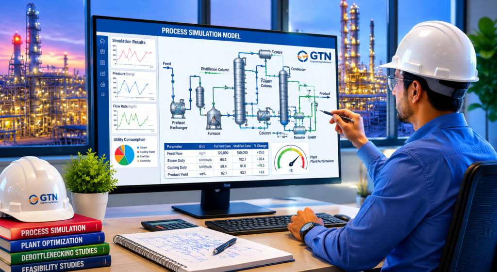 Process simulation model displayed on an engineering workstation showing refinery process flow diagrams, equipment performance data, and plant modification analysis before implementation
