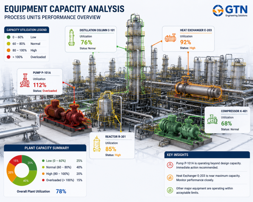 Process Simulation for Plant Modifications showing refinery equipment capacity analysis, utilization assessment, and bottleneck identification before implementation