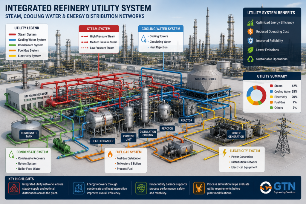 Integrated refinery utility system showing steam distribution, cooling water network, condensate recovery, and energy flow across multiple process units during plant modification analysis