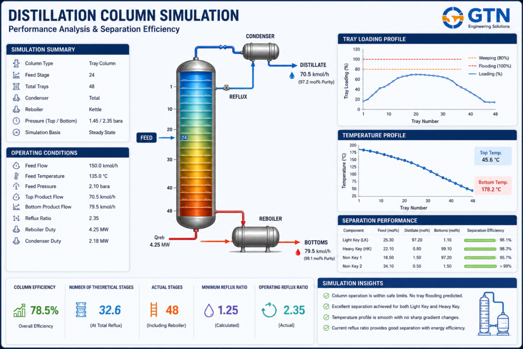 Process Simulation for Plant Modifications showing distillation column performance, tray loading analysis, temperature profiles, and separation efficiency evaluation