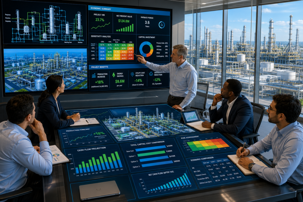 Engineering team reviewing process simulation results, project economics, investment calculations, and plant modification scenarios before implementation