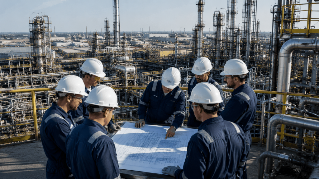 Refinery process modelling and simulation engineering team reviewing plant design