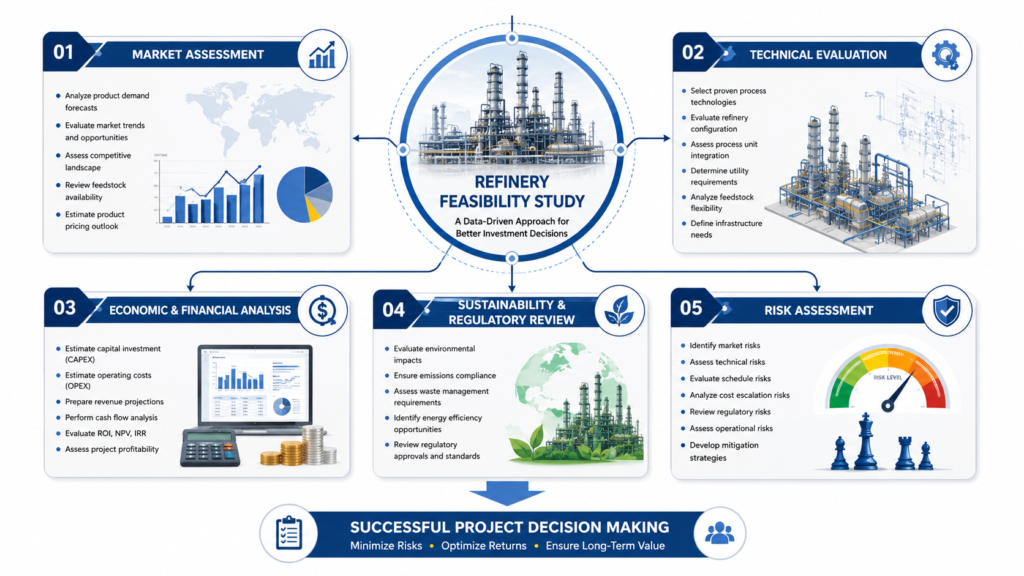 Refinery feasibility study process including market assessment, technical evaluation, financial analysis, sustainability review, and risk assessment
